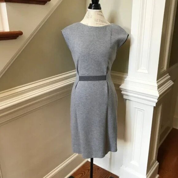 Peserico Midi Sheath Dress Womens 38 2  Gray Crew Neck Cinched Waist Cotton - Picture 2 of 10